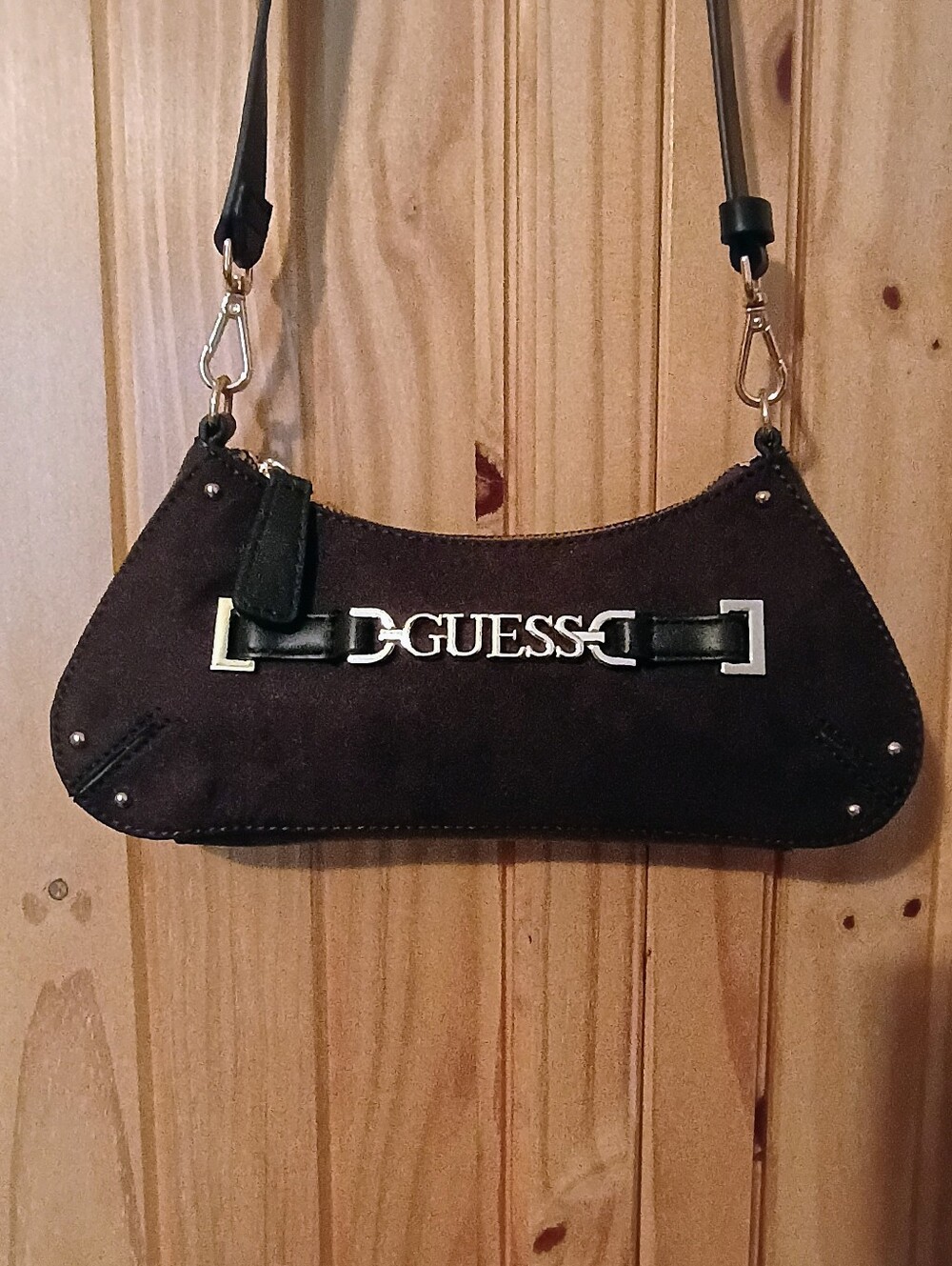 Guess Dark Brown Suede Shoulder Bag with Tan Trim